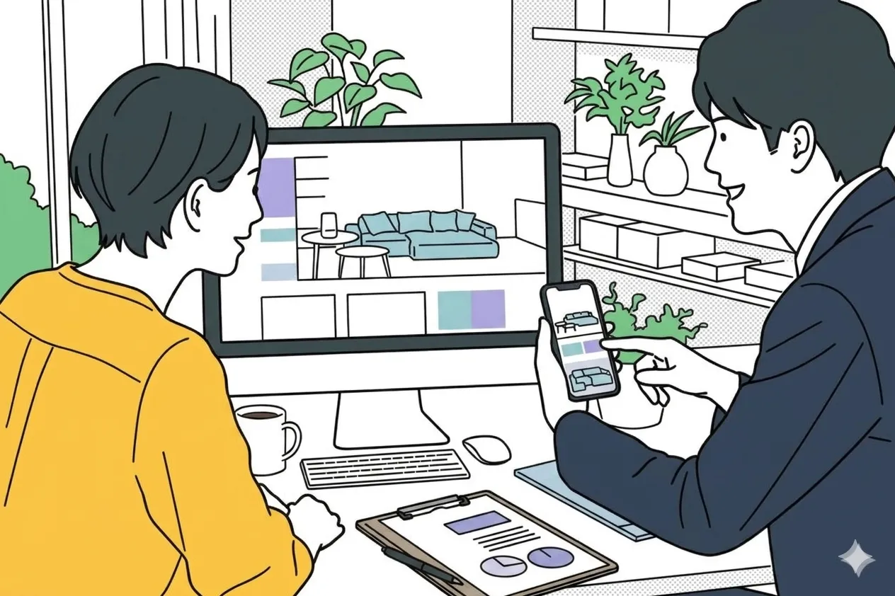 パソコンとスマートフォンでホームページを確認する様子